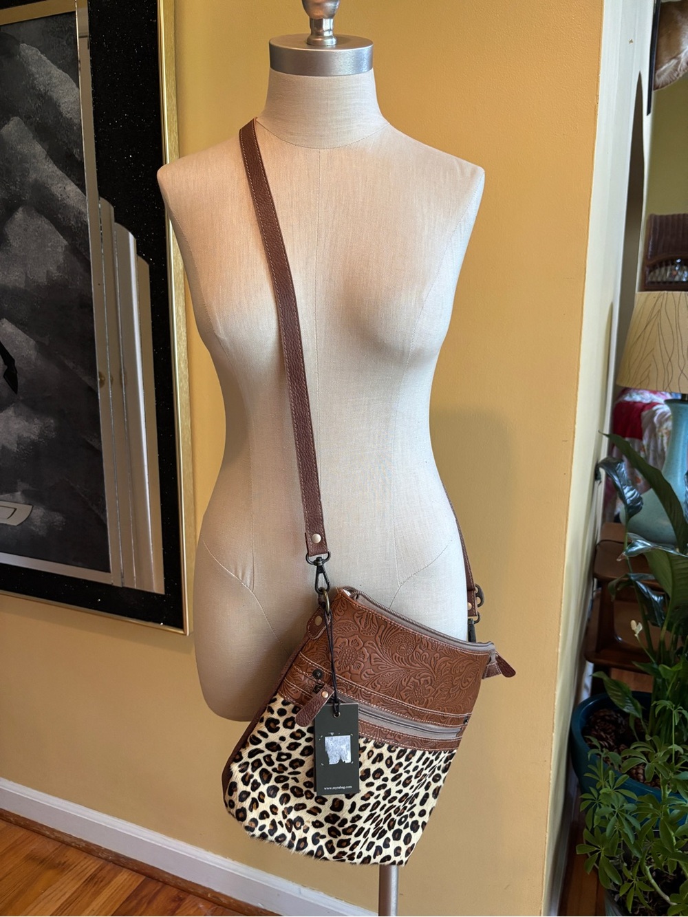 myra tooled leather and leopard print fur bag